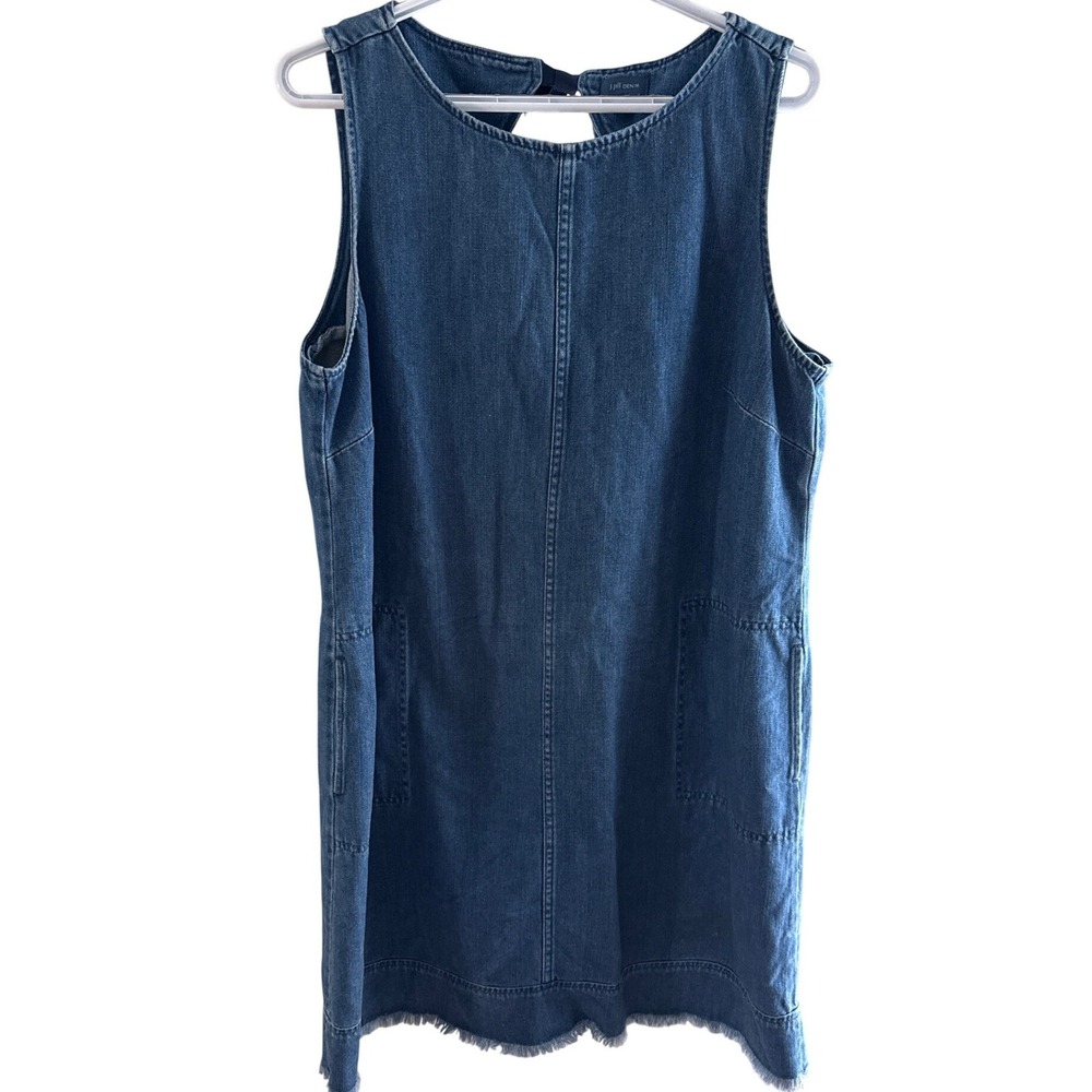 J. Jill Denim Womens Blue Sleeveless Shift Dress Pockets Frayed Hem Large
